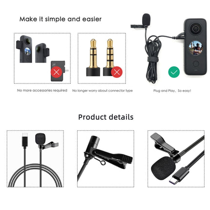 For Insta360 ONE X2 Lavalier Clip Type-C Recording Microphone, For Insta360 ONE X2