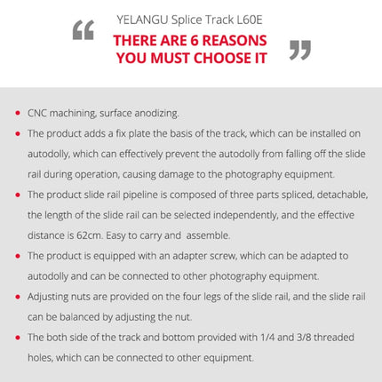 YELANGU YLG0119A 60cm Splicing Slide Rail Track + Trolley Rail Buckle for SLR Cameras / Video Cameras, 60cm Rail Track + Rail Buckle