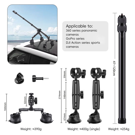 Dual-leg Suction Cup and 2 x Single-leg Car Suction Cup Mount with Selfie Stick Set, Car Suction Cup Mount with Selfie Stick