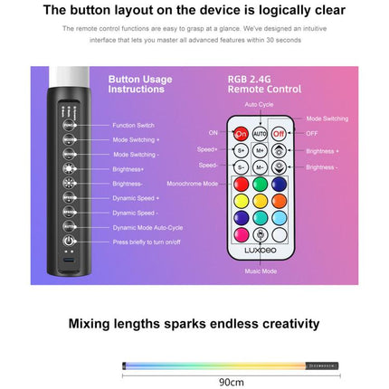 LUXCeO Mood1 Pro 90cm RGB Colorful Atmosphere Rhythm LED Stick Handheld Video Photo Fill Light, No Tripod, 90cm
