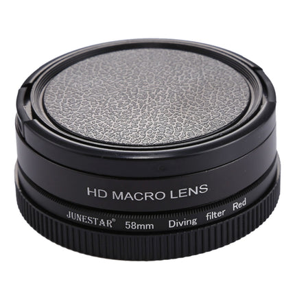 JSR 58mm 16X Macro Lens + Red Diving Lens Filter with Lens Cover + Lens Filter Ring Adapter + String + Cleaning Cloth for GoPro HERO6 /5 Dive Housing, For HERO6 /5