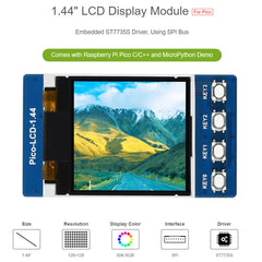 WAVESHARE 1.44 inch LCD 65K Colors 128 x 128 Display Module for Raspberry Pi Pico,  SPI Interface, 1.44 inch
