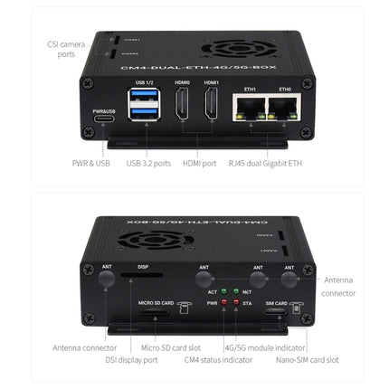 Waveshare Dual Gigabit Ethernet 5G/4G Computer Box with Cooling Fan for Raspberry Pi CM4