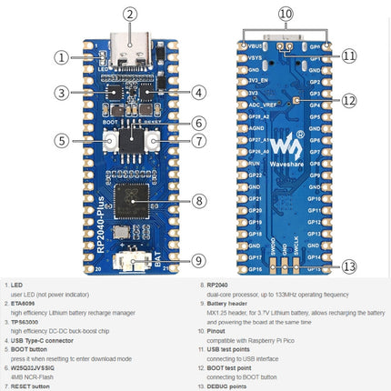Waveshare RP2040-Plus Pico-like MCU Board Based on Raspberry Pi MCU RP2040, with Pinheader, RP2040-Plus with Pinheader