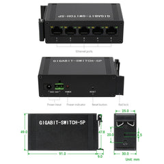 Waveshare Industrial 5P Gigabit Ethernet Switch, Full-Duplex 10/100/1000M, DIN Rail Mount