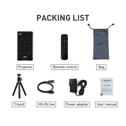 Proyector portátil P09 4K Ultra HD DLP Mini con control remoto por infrarrojos, Amlogic S905X 4-Core A53 hasta 1,5 GHz Android 6.0, 1 GB + 8 GB, compatible con WiFi 2,4 G/5 G, Bluetooth, tarjeta TF