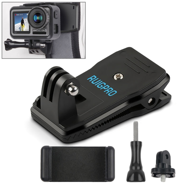 Mochila con rotación de 360 ​​grados RUIGPRO Rec-Mounts, soporte de abrazadera con clip + abrazadera para teléfono para GoPro, Insta360, DJI y otras cámaras de acción, Rec-Mounts + abrazadera