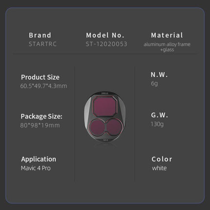 For DJI Mavic 4 Pro STARTRC 4 in 1 ND8 ND16 ND32 ND64 Lens Filter Kit