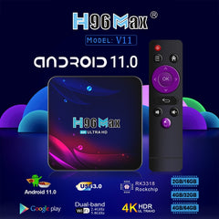 H96 Max V11 4K Smart TV BOX Android 11.0 Media Player with Remote Control, RK3318 Quad-Core 64bit Cortex-A53, RAM: 4GB, ROM: 64GB, Support Dual Band WiFi, Bluetooth, Ethernet, US Plug, 4GB+64GB