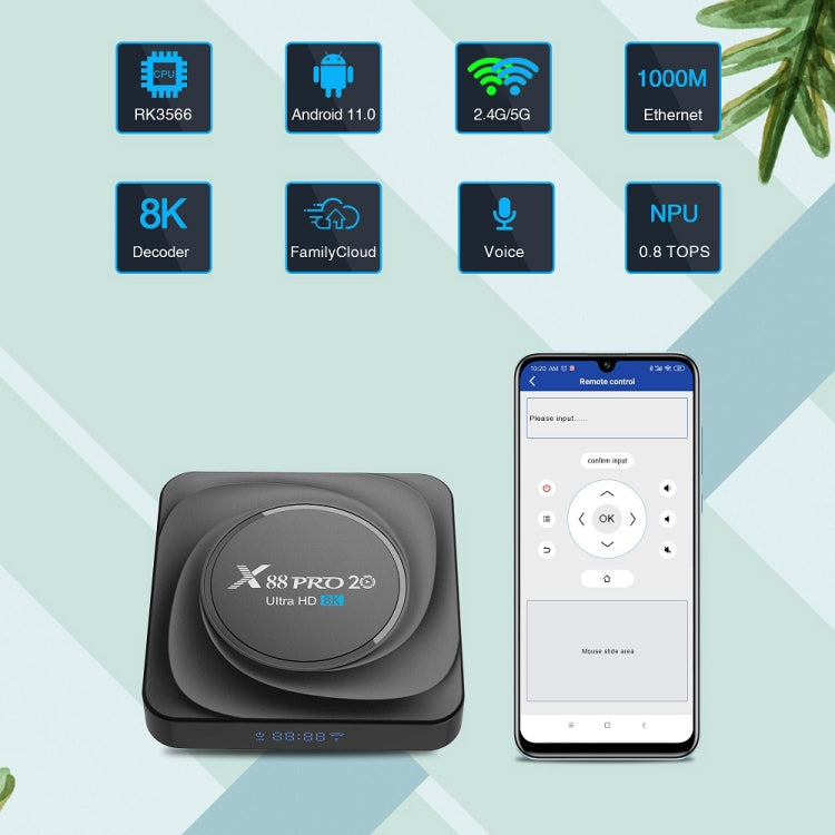 X88 Pro 20 4K Smart TV BOX Android 11.0 Media Player with Infrared Remote Control, RK3566 Quad Core 64bit Cortex-A55 up to 1.8GHz, RAM: 8GB, ROM: 128GB, Support Dual Band WiFi, Bluetooth, Ethernet, EU Plug, 8GB+128GB