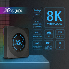 X96 X4 8K Smart TV BOX Android 11.0 Media Player with Remote Control, Amlogic S905X4 Quad Core ARM Cortex A55, RAM: 4GB, ROM: 64GB, Support 100M, Dual Band WiFi, Bluetooth, EU Plug, 4GB+64GB
