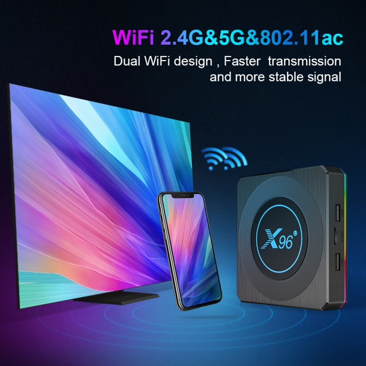 X96 X4 8K Smart TV BOX Android 11.0 Media Player with Remote Control, Amlogic S905X4 Quad Core ARM Cortex A55, RAM: 4GB, ROM: 64GB, Support 100M, Dual Band WiFi, Bluetooth, EU Plug, 4GB+64GB