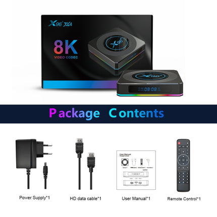 X96 X4 8K Smart TV BOX Android 11.0 Media Player with Remote Control, Amlogic S905X4 Quad Core ARM Cortex A55, RAM: 4GB, ROM: 64GB, Support 1000M, Dual Band WiFi, Bluetooth, EU Plug