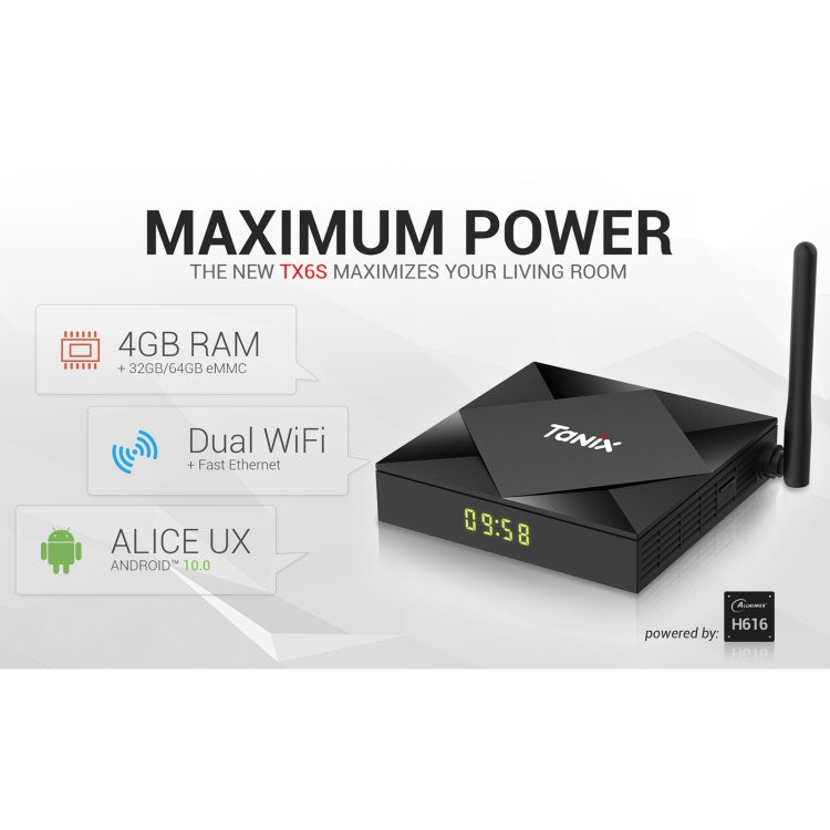 TANIX TX6s 4K Smart TV BOX Android 10 Media Player with Remote Control, Quad Core Allwinner H616, RAM: 4GB, ROM: 32GB, 2.4GHz/5GHz WiFi, Bluetooth, EU Plug, 4GB+32GB
