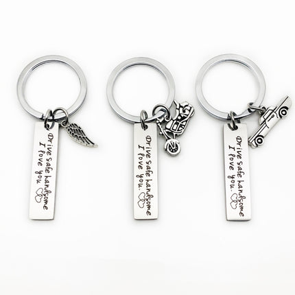 Creative Drive Safe Handsome Words Stainless Steel Keychain Key Rings, Wing Shape, Motorcycle Shape, Car Shape