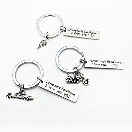 Creative Drive Safe Handsome Words Stainless Steel Keychain Key Rings, Wing Shape, Motorcycle Shape, Car Shape
