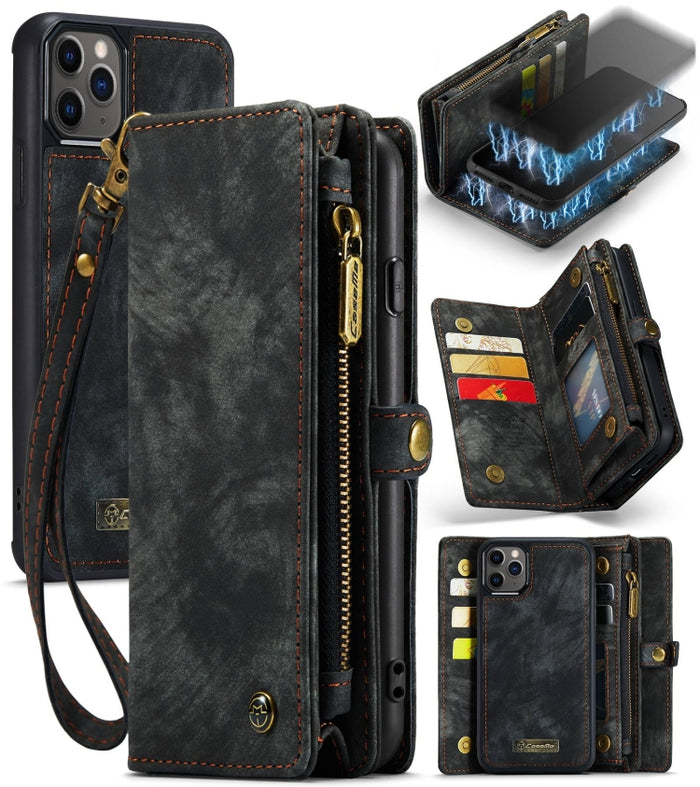 CaseMe-008 Funda de cuero multifuncional desmontable con tapa horizontal, ranura para tarjetas, soporte, billetera con cremallera y marco para fotos, para iPhone 11 Pro, para iPhone 11, para iPhone 11 Pro Max
