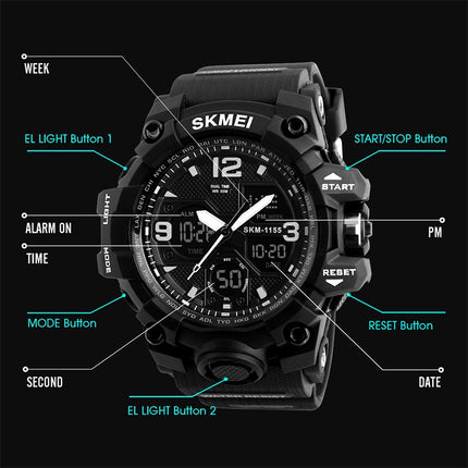 SKMEI 1155B Multifunctional Men Outdoor Sports Noctilucent Waterproof Large Dial Wrist Watch