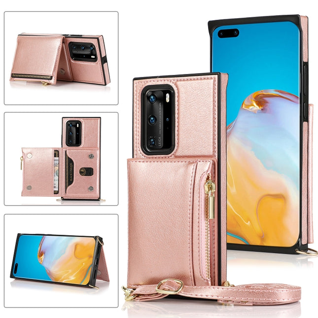 Square Zipper Wallet Bag TPU+PU Back Cover Case with Holder & Card Slots & Wallet & Cross-body Strap, For Huawei P40 Pro
