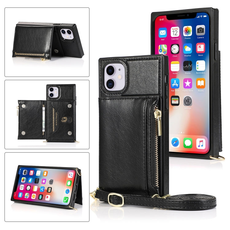 Square Zipper Wallet Bag TPU+PU Back Cover Case with Holder & Card Slots & Wallet & Cross-body Strap, For iPhone 8 Plus / 7 Plus, For iPhone 11, For iPhone 11 Pro, For iPhone 11 Pro Max, For iPhone SE 2022 / SE 2020 / 8 / 7, For iPhone XR��������������...