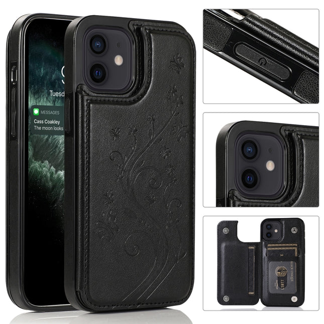 Butterflies Flowers Double Buckle PU + TPU Protective Case with Holder & Card Slots & Photo Frame, For iPhone 12 mini, For iPhone 12 / 12 Pro