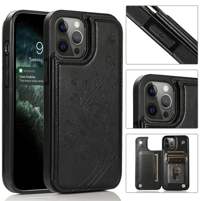 Butterflies Flowers Double Buckle PU + TPU Protective Case with Holder & Card Slots & Photo Frame, For iPhone 12 mini, For iPhone 12 / 12 Pro