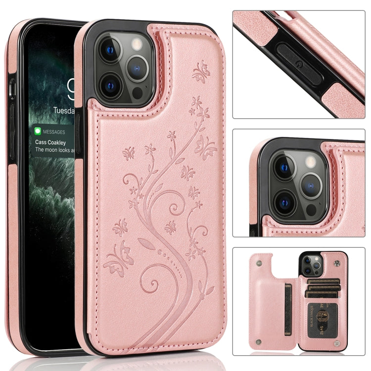 Butterflies Flowers Double Buckle PU + TPU Protective Case with Holder & Card Slots & Photo Frame, For iPhone 12 mini, For iPhone 12 / 12 Pro