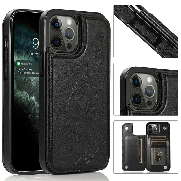 Butterflies Flowers Double Buckle PU + TPU Protective Case with Holder & Card Slots & Photo Frame, For iPhone 12 Pro Max