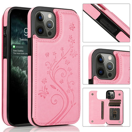 Butterflies Flowers Double Buckle PU + TPU Protective Case with Holder & Card Slots & Photo Frame, For iPhone 12 Pro Max