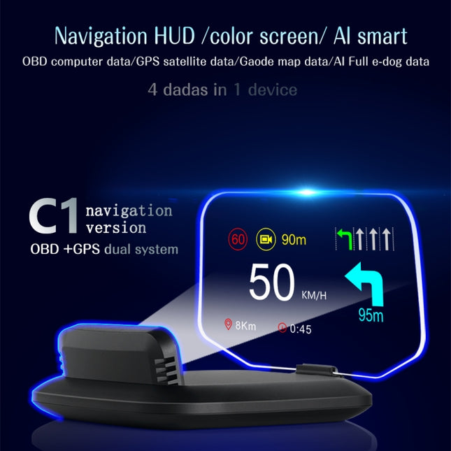C1 OBD2 + GPS Mode Car HUD Head-up Display Compass / Speed / Water Temperature / Voltage Display / Speed / Fault Alarm / Navigation Function, C1 With Navigation Function