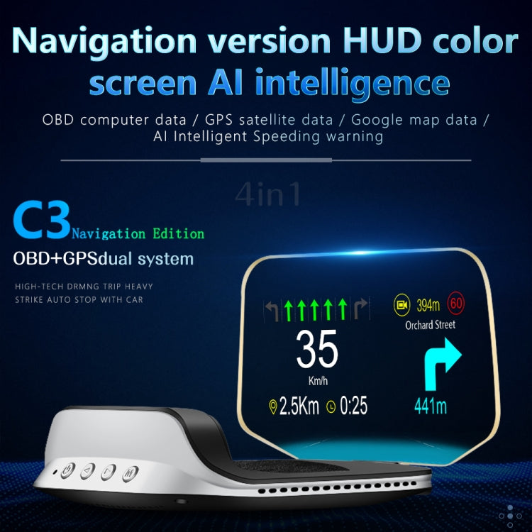 C3 OBD2 + GPS Mode Car Head-up Display HUD Overspeed / Speed / Water Temperature Too High / Voltage Too Low / Engine Failure Alarm / Fatigue Driving Reminder / Navigation Function, C3