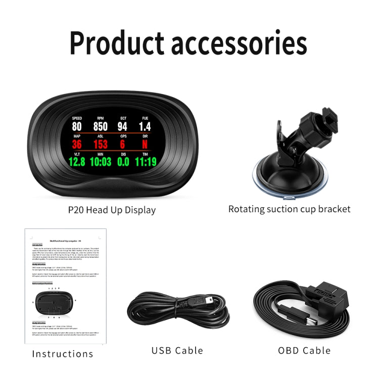 P20 OBD2 + GPS Mode Car Head-up Display HUD Overspeed / Speed / Water Temperature Alarm, P20