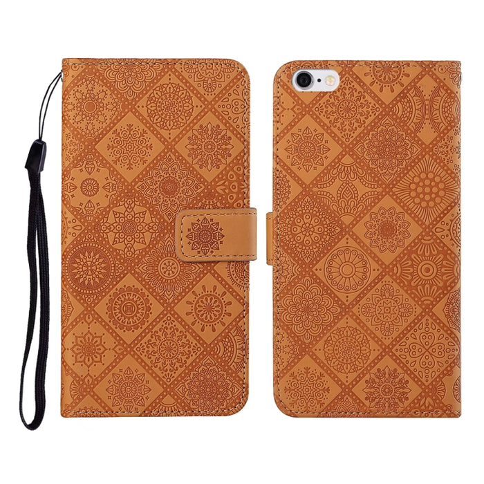 Horizontale Klapphülle aus Leder mit geprägtem Muster im ethnischen Stil, mit Halterung, Kartenfächern, Geldbörse und Trageband, für iPhone 6, für iPhone 6 Plus, für iPhone 8 Plus/7 Plus, für iPhone 11