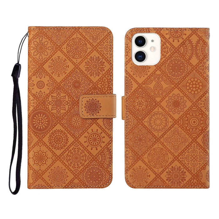 Funda de cuero con tapa horizontal con patrón en relieve de estilo étnico con soporte, ranuras para tarjetas, billetera y cordón, para iPhone 12 Pro Max, para iPhone SE 2022 / SE 2020 / 8 / 7, para iPhone XR, para iPhone XS Max