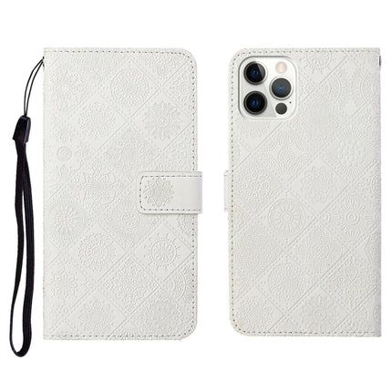 Horizontale Klapphülle aus Leder mit geprägtem Muster im ethnischen Stil, mit Halter &amp; Kartenfächern &amp; Geldbörse &amp; Trageband, für iPhone 12 Pro Max, für iPhone SE 2022 / SE 2020 / 8 / 7, für iPhone XR, für iPhone XS Max