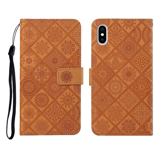 Funda de cuero con tapa horizontal con patrón en relieve de estilo étnico, con soporte, ranuras para tarjetas, billetera y cordón, para iPhone XS/X