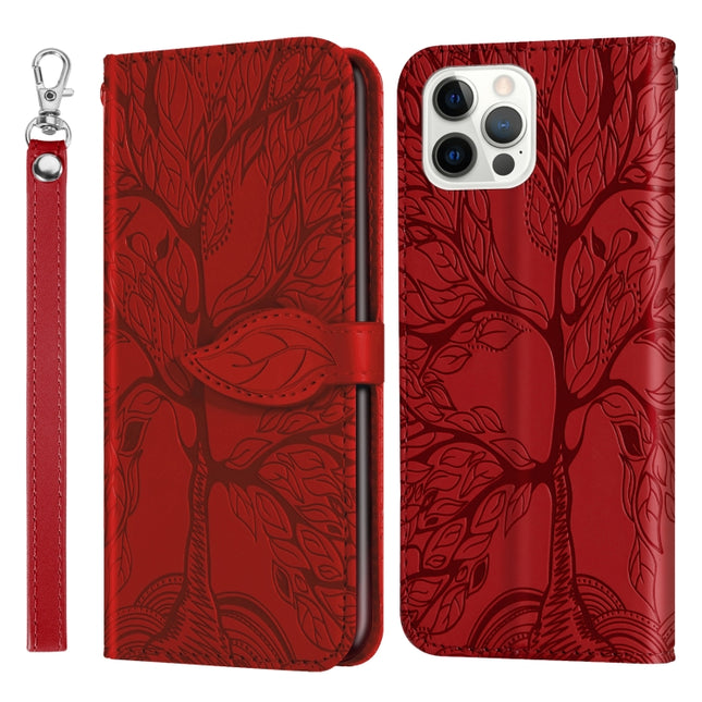 Horizontale Klapphülle aus Leder mit Prägemuster „Leben des Baums“ mit Halter &amp; Kartensteckplatz &amp; Geldbörse &amp; Bilderrahmen &amp; Trageband, für iPhone XS Max