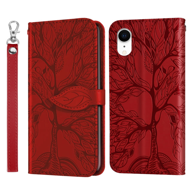 Horizontale Klapphülle aus Leder mit Prägemuster „Leben des Baums“ mit Halter &amp; Kartensteckplatz &amp; Geldbörse &amp; Bilderrahmen &amp; Trageband, für iPhone XS Max