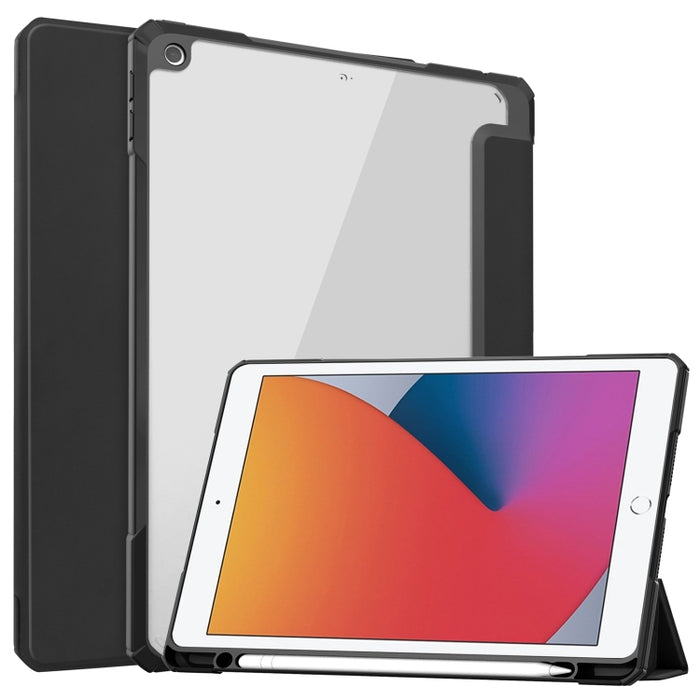 Funda de piel con tapa trasera de acrílico transparente y TPU con tapa horizontal con soporte plegable en 3 direcciones y soporte para bolígrafo y función de suspensión/activación, para iPad 10.2 2021/2020/2019