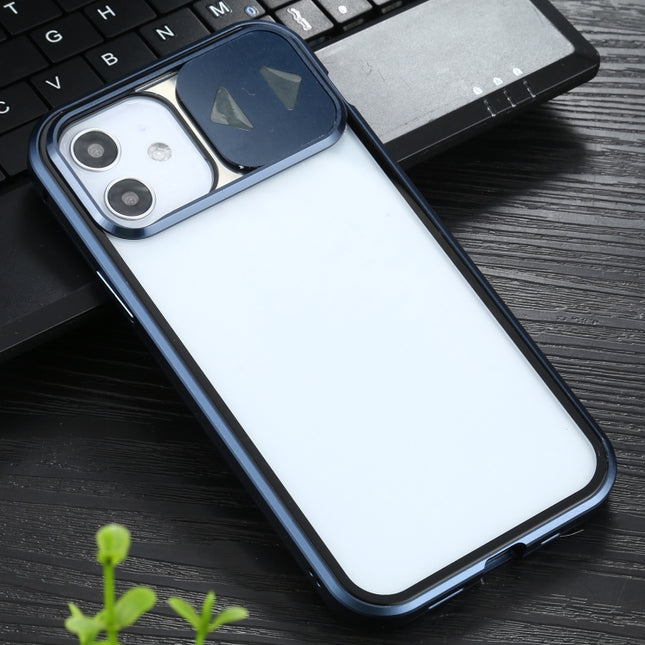 Sliding Lens Cover Mirror Design Four-corner Shockproof Magnetic Metal Frame Double-sided Tempered Glass Case, For iPhone 11, For iPhone 11 Pro, For iPhone 11 Pro Max, For iPhone 12 mini, For iPhone 12 / 12 Pro, For iPhone 12 Pro Max
