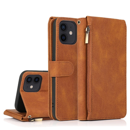 Funda tipo billetera con cremallera y textura Crazy Horse con tapa horizontal de cuero con soporte, ranuras para tarjetas, billetera y cordón, para iPhone 12 Pro Max