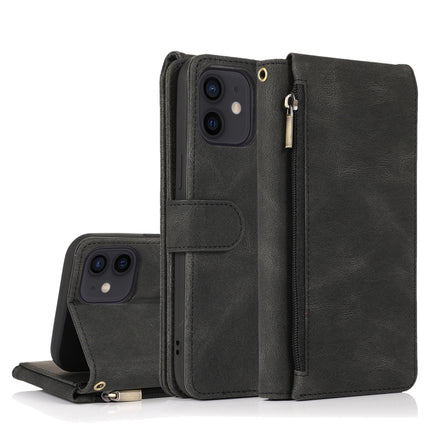Funda tipo billetera con cremallera y textura Crazy Horse con tapa horizontal de cuero con soporte, ranuras para tarjetas, billetera y cordón, para iPhone 12 Pro Max