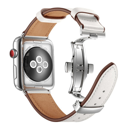Genuine Leather + Butterfly Silver Buckle Replacement Watchbands For Apple Watch Series 6 & SE & 5 & 4 44mm / 3 & 2 & 1 42mm, Silver Buckle For Apple Watch Series 7 45mm / 6 & SE & 5 & 4 44mm / 3 & 2 & 1 42mm