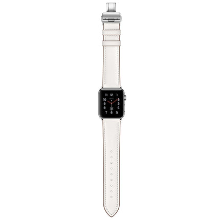 Genuine Leather + Butterfly Silver Buckle Replacement Watchbands For Apple Watch Series 6 & SE & 5 & 4 44mm / 3 & 2 & 1 42mm, Silver Buckle For Apple Watch Series 7 45mm / 6 & SE & 5 & 4 44mm / 3 & 2 & 1 42mm