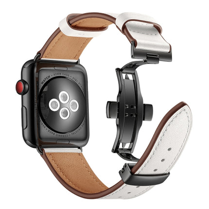 Genuine Leather + Butterfly Black Buckle Replacement Watchbands For Apple Watch Series 6 & SE & 5 & 4 44mm / 3 & 2 & 1 42mm, Black Buckle For Apple Watch Series 7 45mm / 6 & SE & 5 & 4 44mm / 3 & 2 & 1 42mm                                              ...
