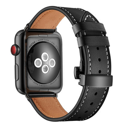 Genuine Leather + Butterfly Black Buckle Replacement Watchbands For Apple Watch Series 6 & SE & 5 & 4 44mm / 3 & 2 & 1 42mm, Black Buckle For Apple Watch Series 7 45mm / 6 & SE & 5 & 4 44mm / 3 & 2 & 1 42mm                                              ...