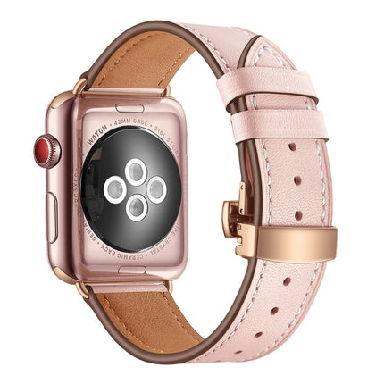 Genuine Leather + Butterfly Rose Gold Buckle Replacement Watchbands For Apple Watch Series 6 & SE & 5 & 4 40mm / 3 & 2 & 1 38mm, Rose Gold Buckle For Apple Watch Series 7 41mm / 6 & SE & 5 & 4 40mm / 3 & 2 & 1 38mm                                      ...