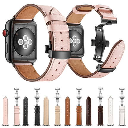 Genuine Leather + Butterfly Rose Gold Buckle Replacement Watchbands For Apple Watch Series 6 & SE & 5 & 4 40mm / 3 & 2 & 1 38mm, Rose Gold Buckle For Apple Watch Series 7 41mm / 6 & SE & 5 & 4 40mm / 3 & 2 & 1 38mm                                      ...