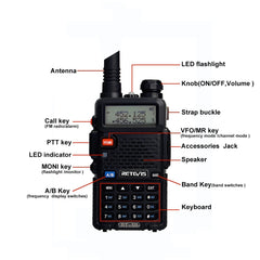 Walkie-talkie portátil de dos segmentos RETEVIS RT-5R 400-520 MHz + 136-174 MHz 128 canales USB, USB, enchufe de la UE, enchufe del Reino Unido