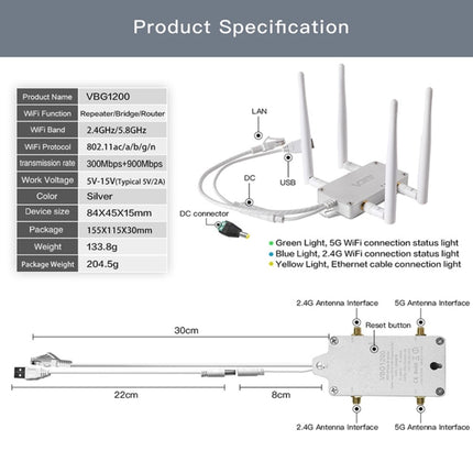 VONETS VBG1200 300Mbps+900Mbps Dual Band Wireless Router Repeater WIFI Base Station with 4 Antennas